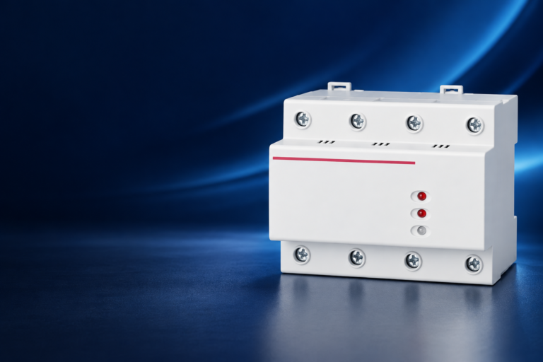 SUTON DZ47-125V1 automatic-reset voltage protector family: disconnected product on a dark editorial background