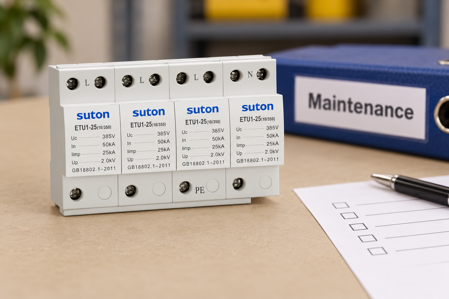 SUTON ETU1 surge protective device: exterior terminals and printed ratings